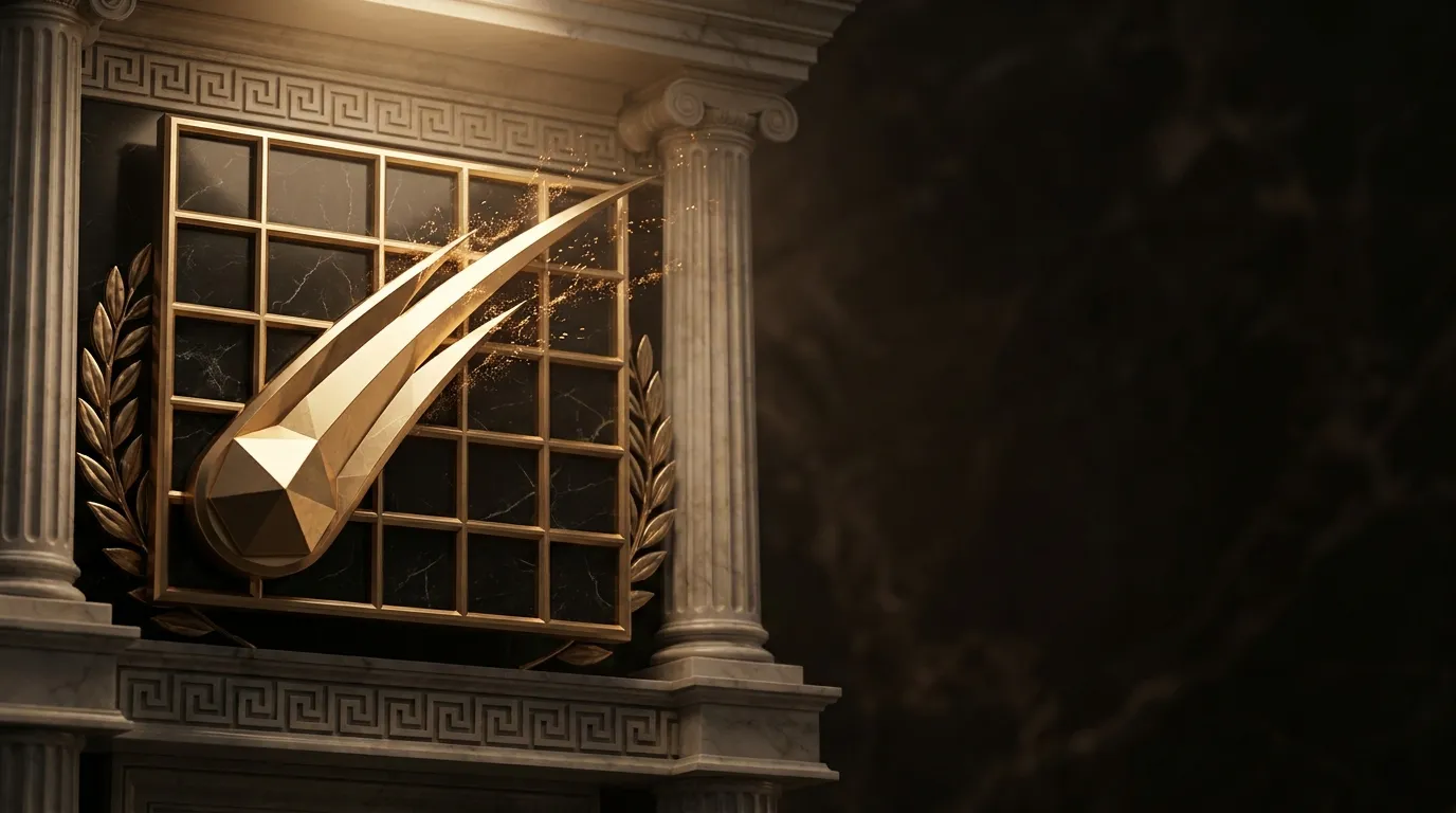 Polished faceted gold comet arc climbing over dark black marble grid with classical Greek columns and laurel motifs, warm cha