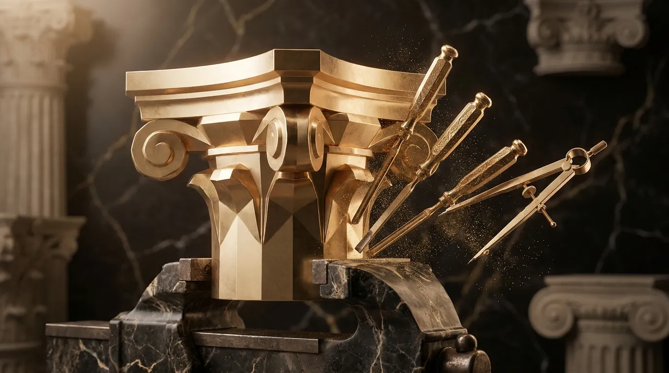 Polished faceted gold Corinthian capital clamped in an antique marble mason's vice, with gold chisels and compass divider res