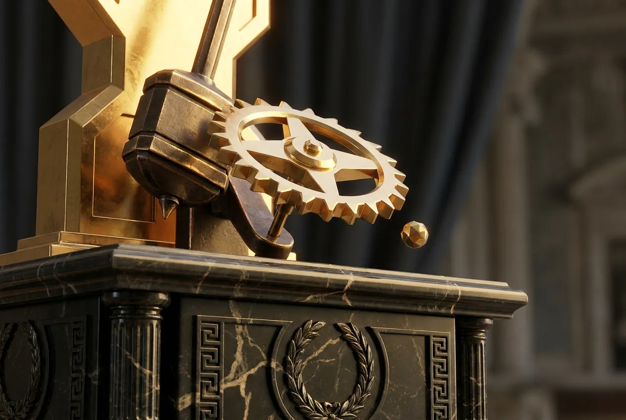 Polished faceted gold escapement mechanism with weighted pendulum arm frozen mid-swing releasing a gold bead on dark marble.