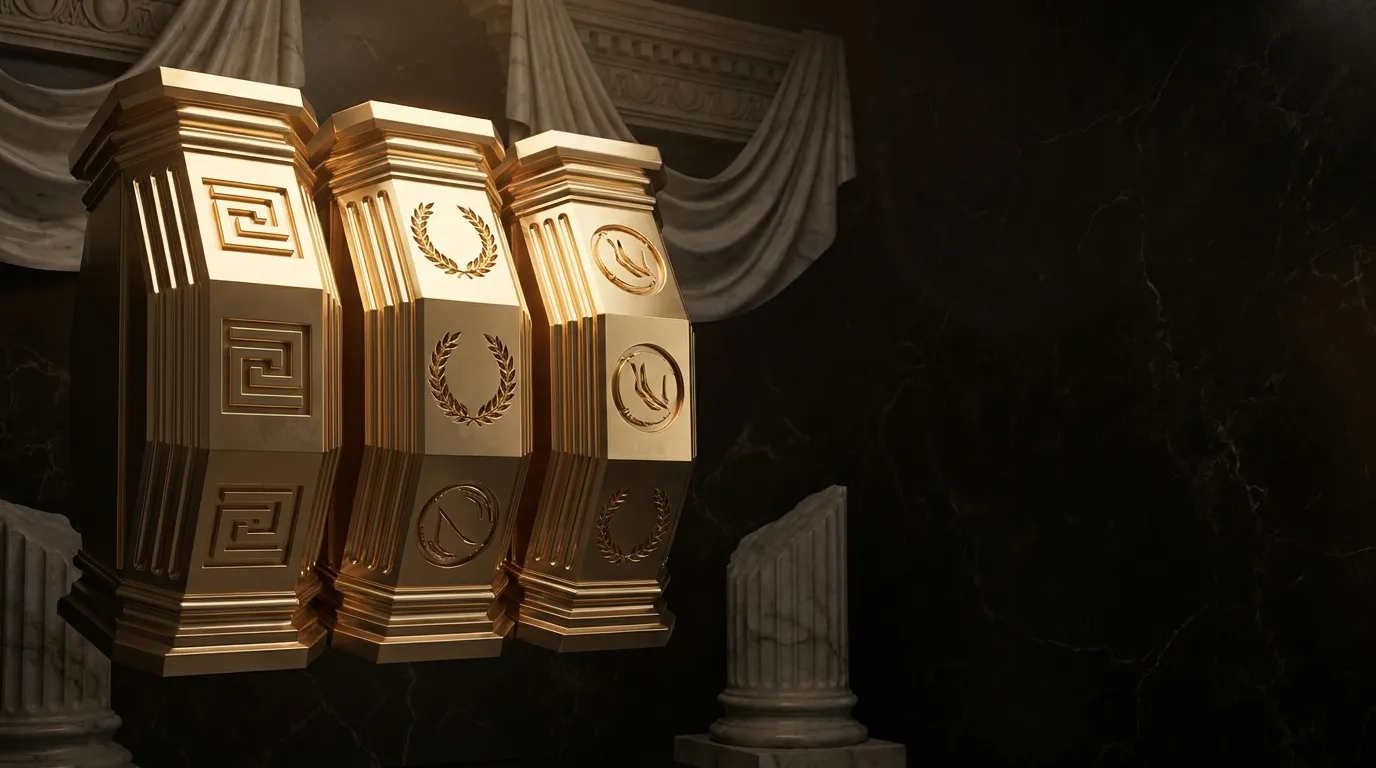 Three tall faceted gold slot reels styled as fluted classical columns with carved symbols, set against dark black marble with