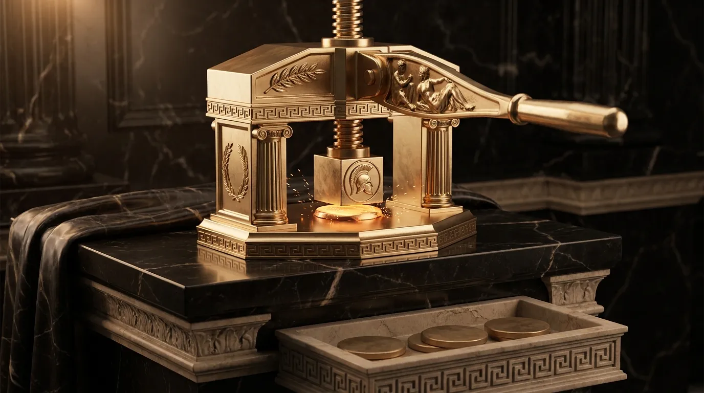 Polished faceted gold screw press driving patterned die onto glowing medallion blank, classical antiquity style, dark marble 