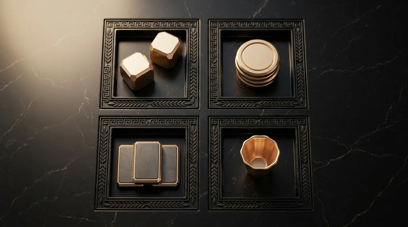 Overhead flat lay of four polished faceted gold game sets on dark marble slab with meander borders, featuring carved dice, di