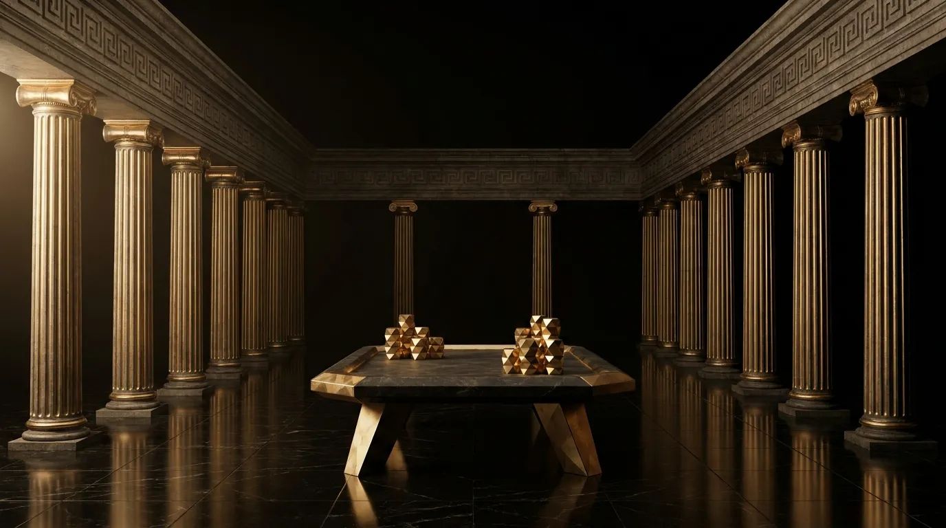 Symmetrical marble temple hall with fluted columns, coffered ceiling, and a central gold-inlaid gaming table with stacked fac