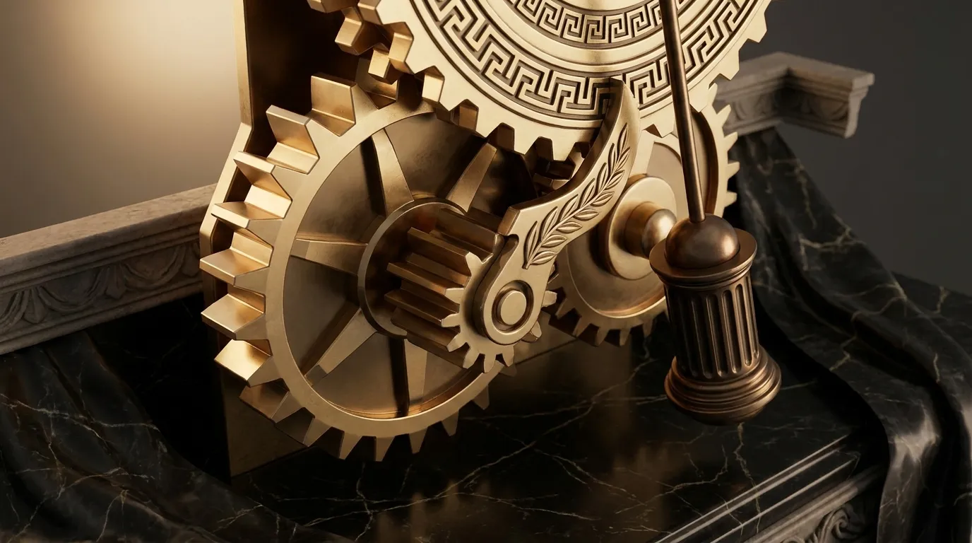 Polished faceted gold counting automaton with meshing toothed wheels and ratchet pawl on dark black marble base, classical an