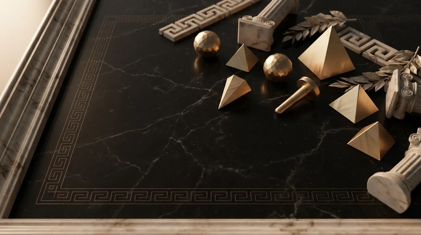 Overhead flat lay of faceted gold pyramids, spheres and a toppled gold peg scattered diagonally across a dark black marble sl