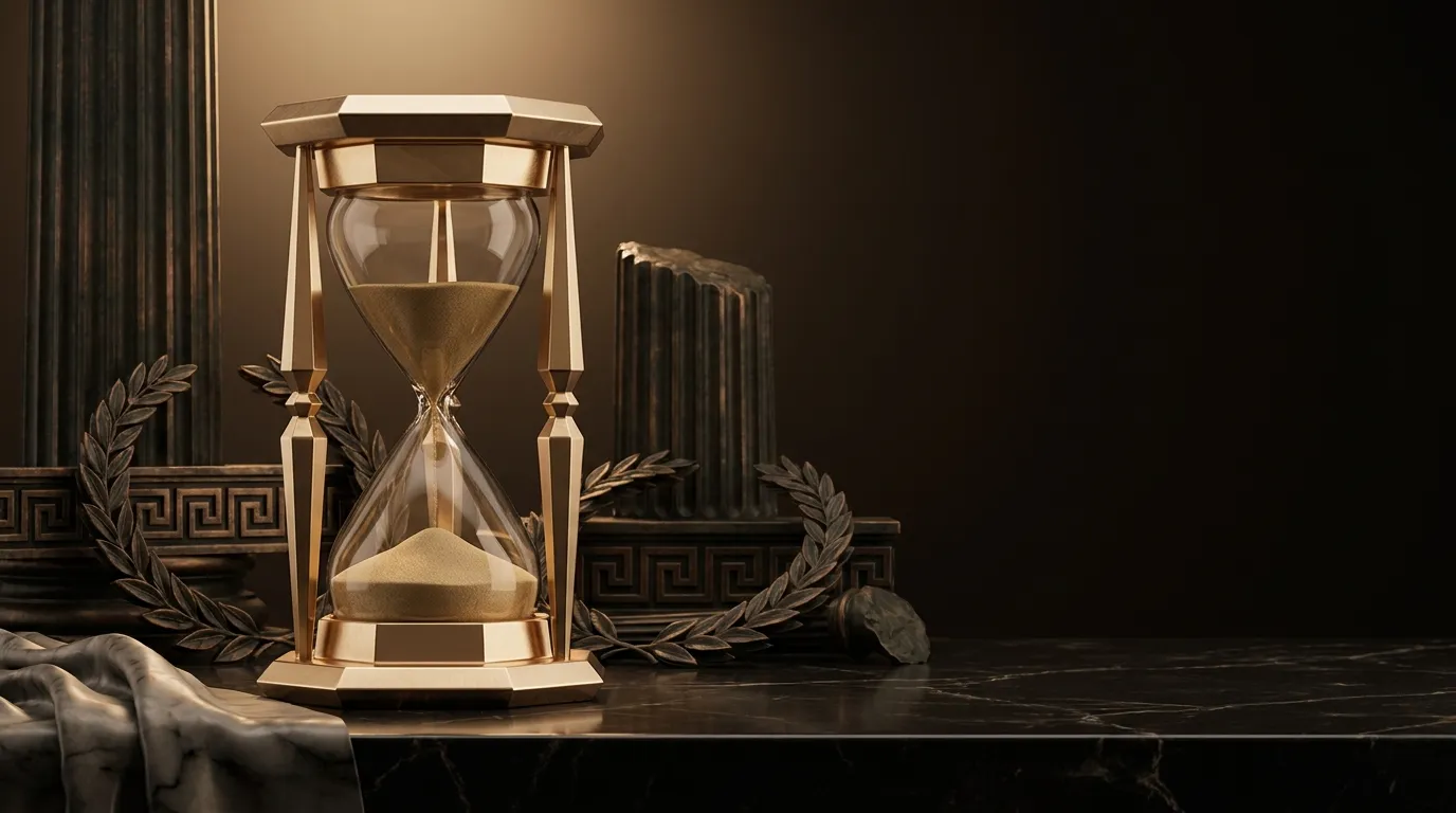 Polished faceted gold-framed hourglass with sand mid-fall on dark black marble, classical antiquity decor, warm cinematic lig