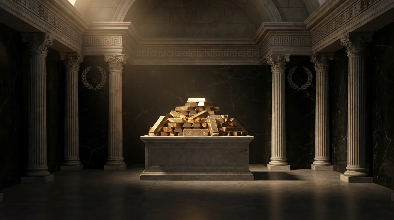 Symmetrical carved marble treasury chamber with fluted columns flanking a central plinth heaped with polished faceted gold in