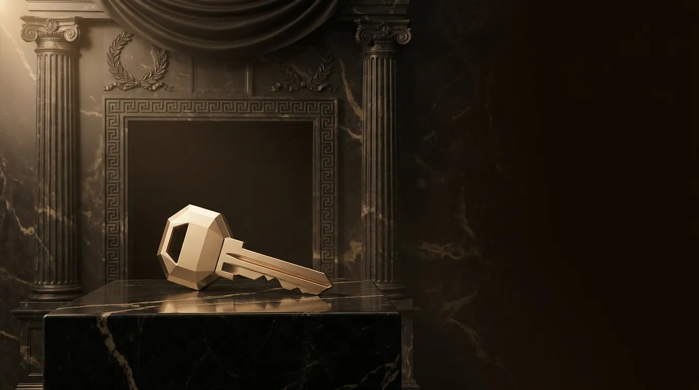 Polished faceted gold key resting on a dark marble pedestal before a carved classical stone doorway with laurel and meander r