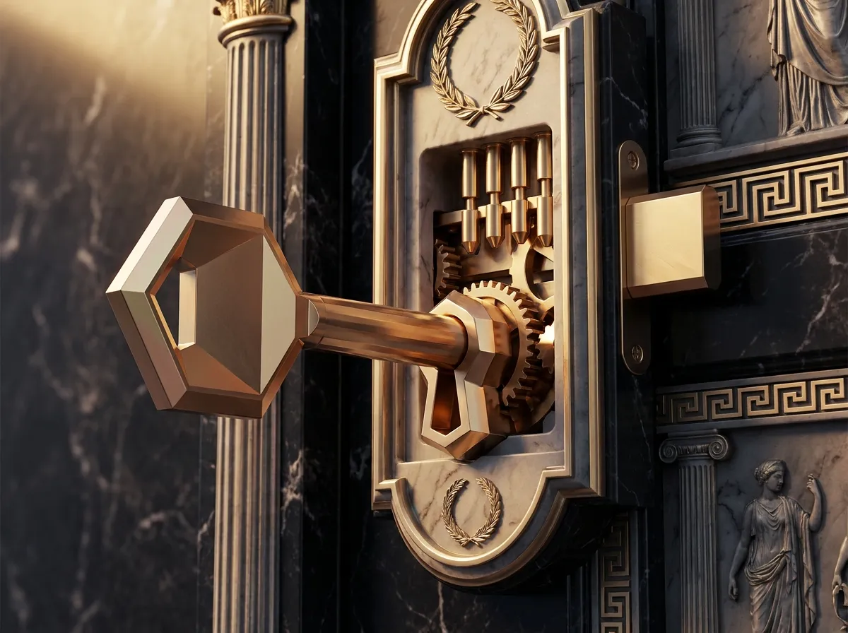 Polished faceted gold key mid-turn in an ornate carved marble lock plate, pins and tumblers exposed in cutaway, warm antique 