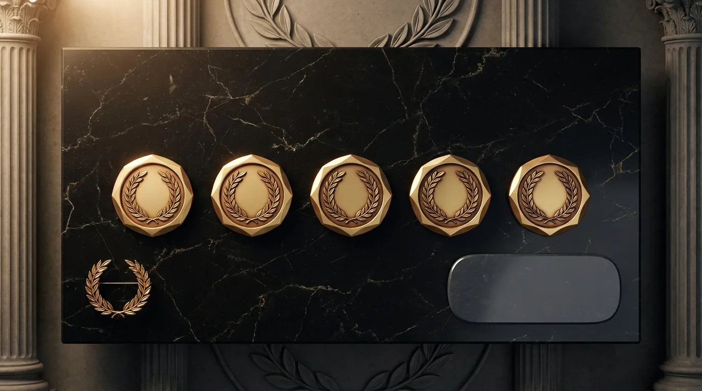 Overhead flat lay of five faceted gold laurel medallions in a measured row beside a gold wreath and blank polished stone plaq