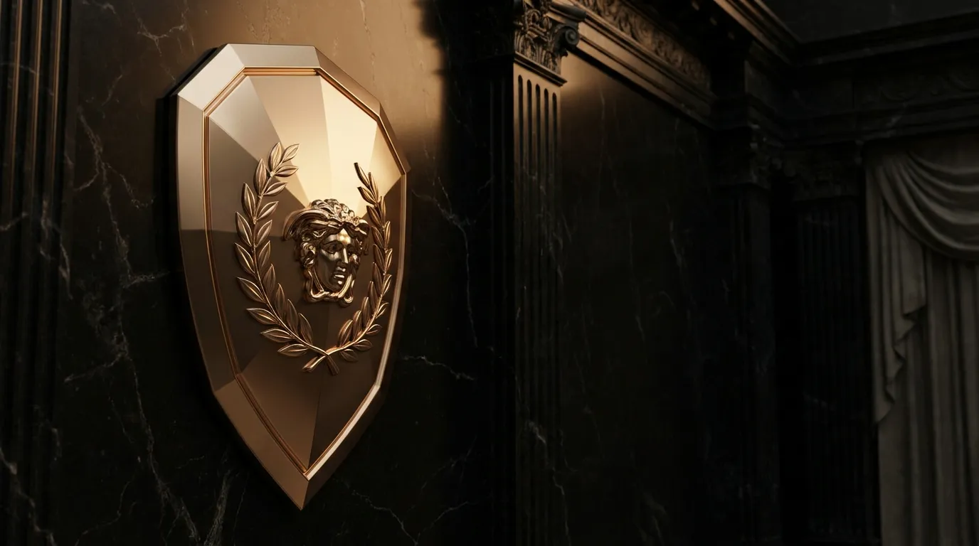 Polished faceted gold shield with laurel relief mounted on dark black marble wall, warm cinematic lighting, classical antiqui