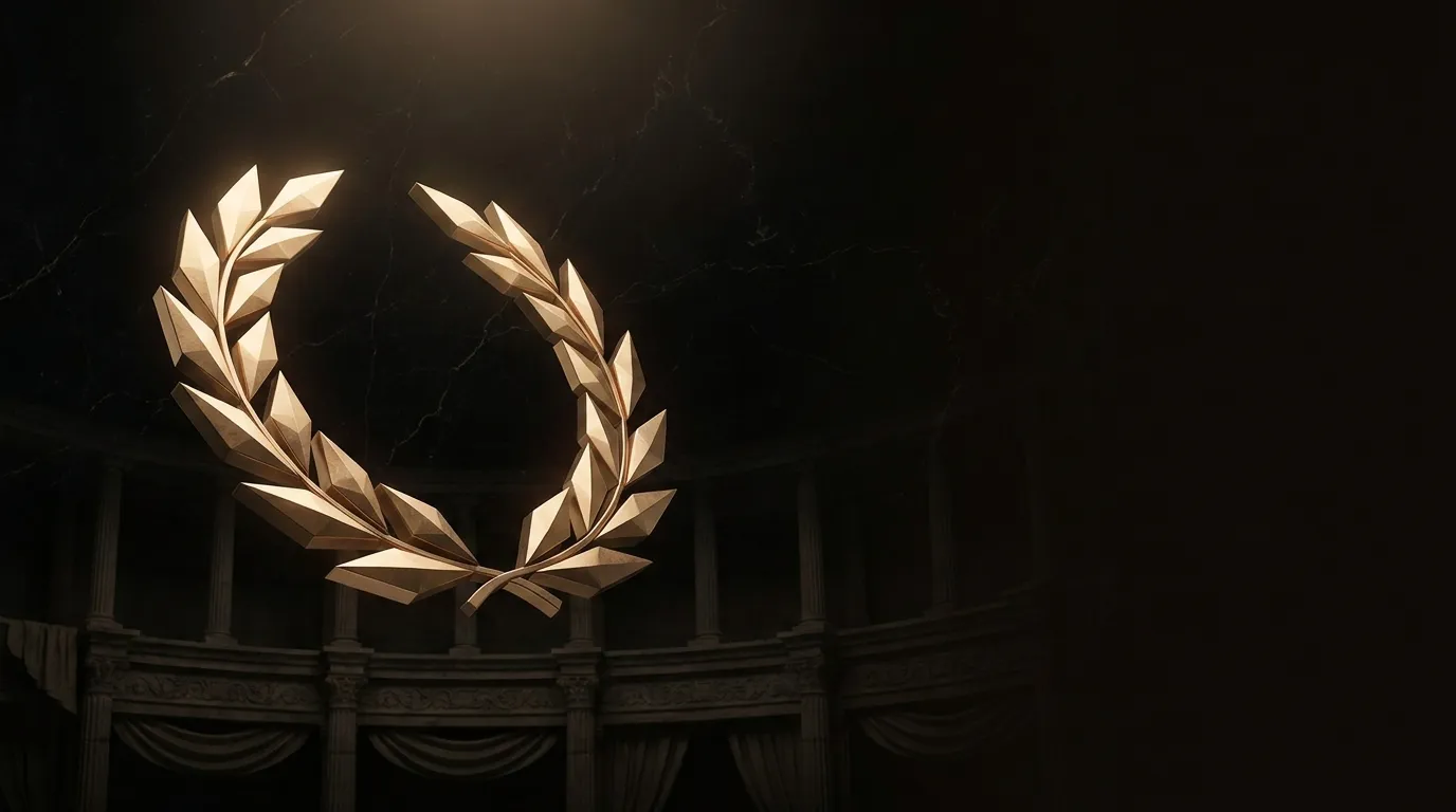 Polished faceted gold laurel victory wreath suspended over a dark stadium silhouette on black marble with classical Roman dec