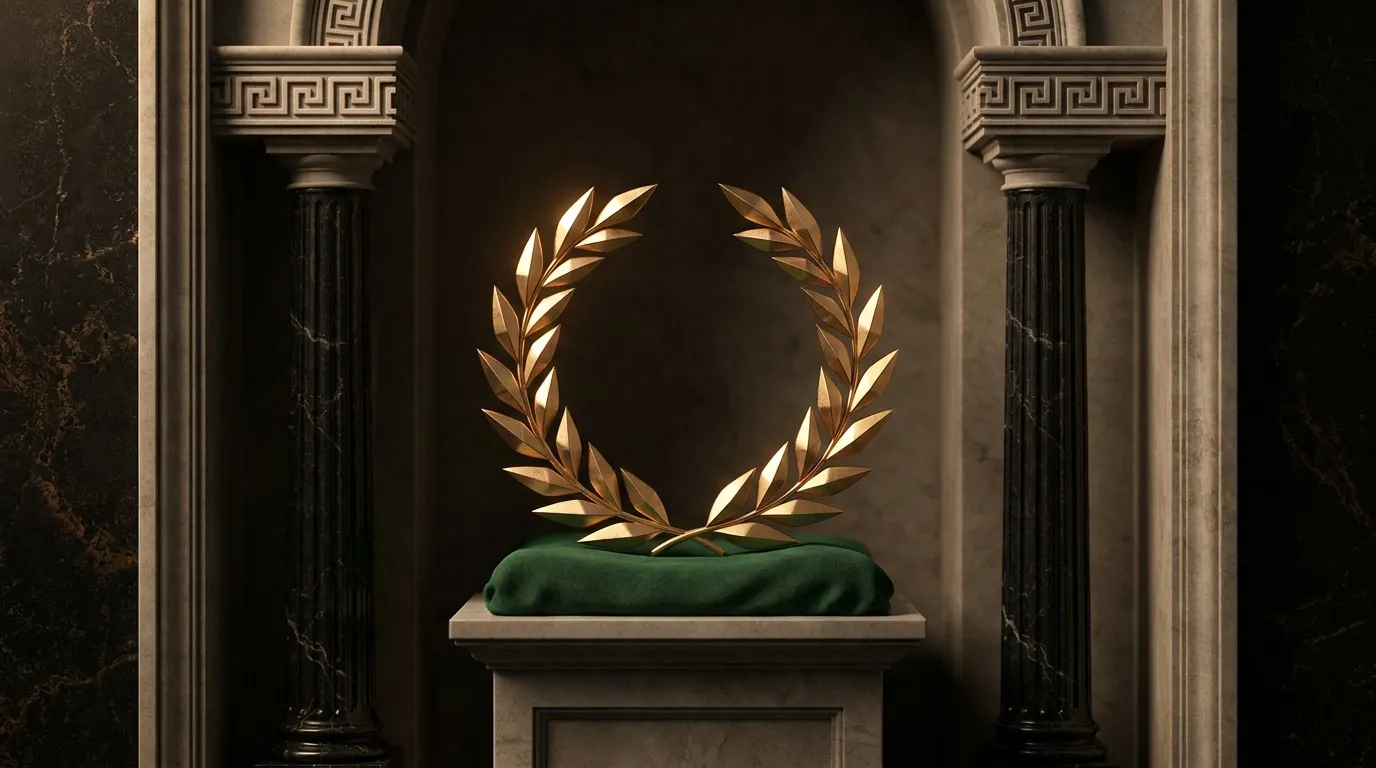 Polished faceted gold laurel victory wreath on dark felt cushion atop stone pedestal, flanked by fluted marble columns in sha