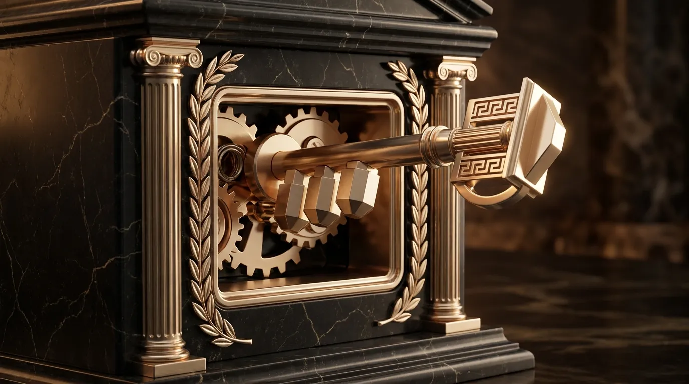 Polished faceted gold lever-lock mechanism set in carved marble, three staged tumblers lifting mid-turn on a rotating antique