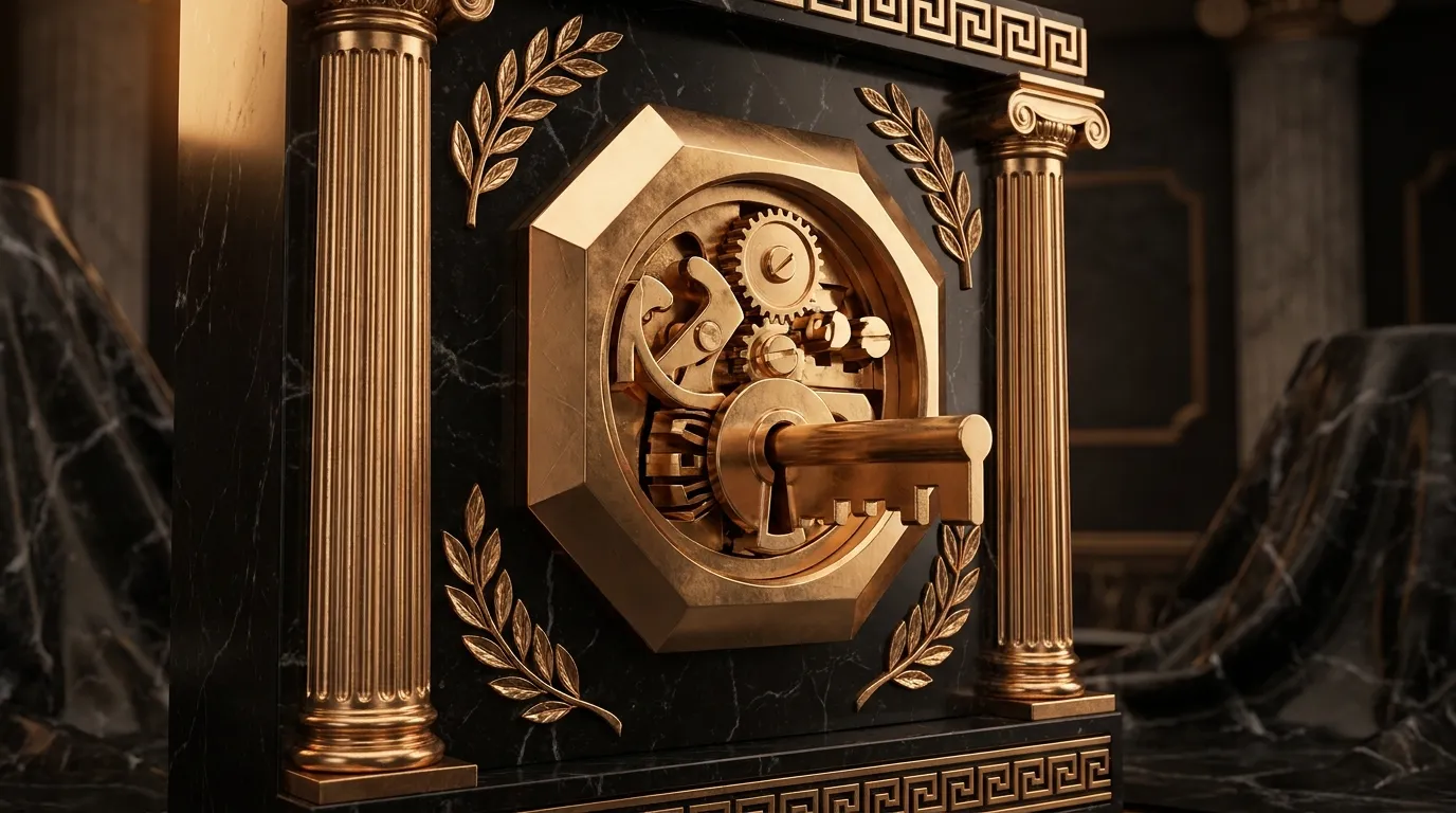 Cutaway antique gold lever-lock mechanism set in black marble, tumblers and wards exposed mid-turn, polished faceted gold wit