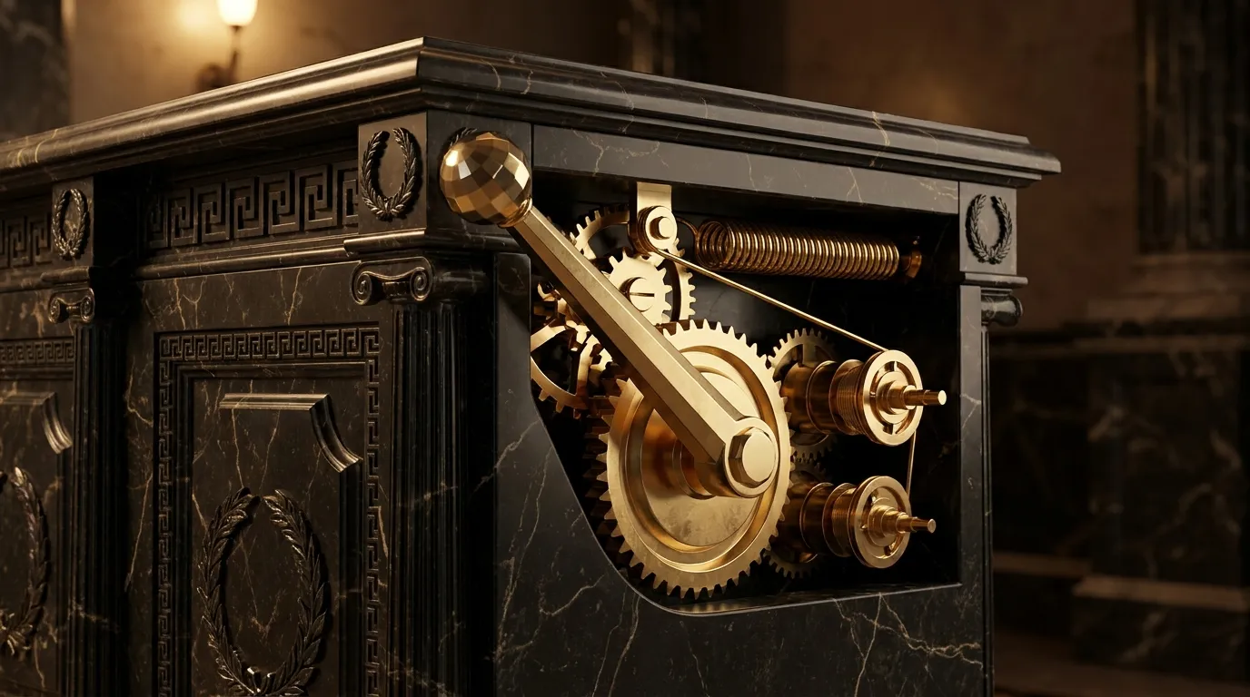 Polished faceted gold lever arm with sphere knob pulled down on dark marble cabinet, cutaway panel revealing interlocking cog