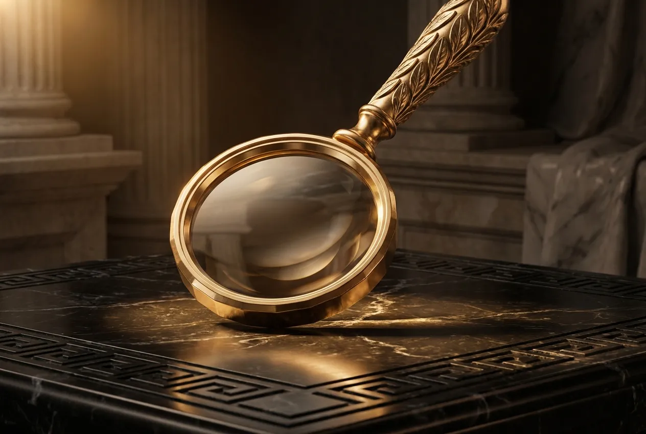 Polished faceted gold magnifying lens on laurel-carved handle hovering over veined black marble, warm light pooling through i