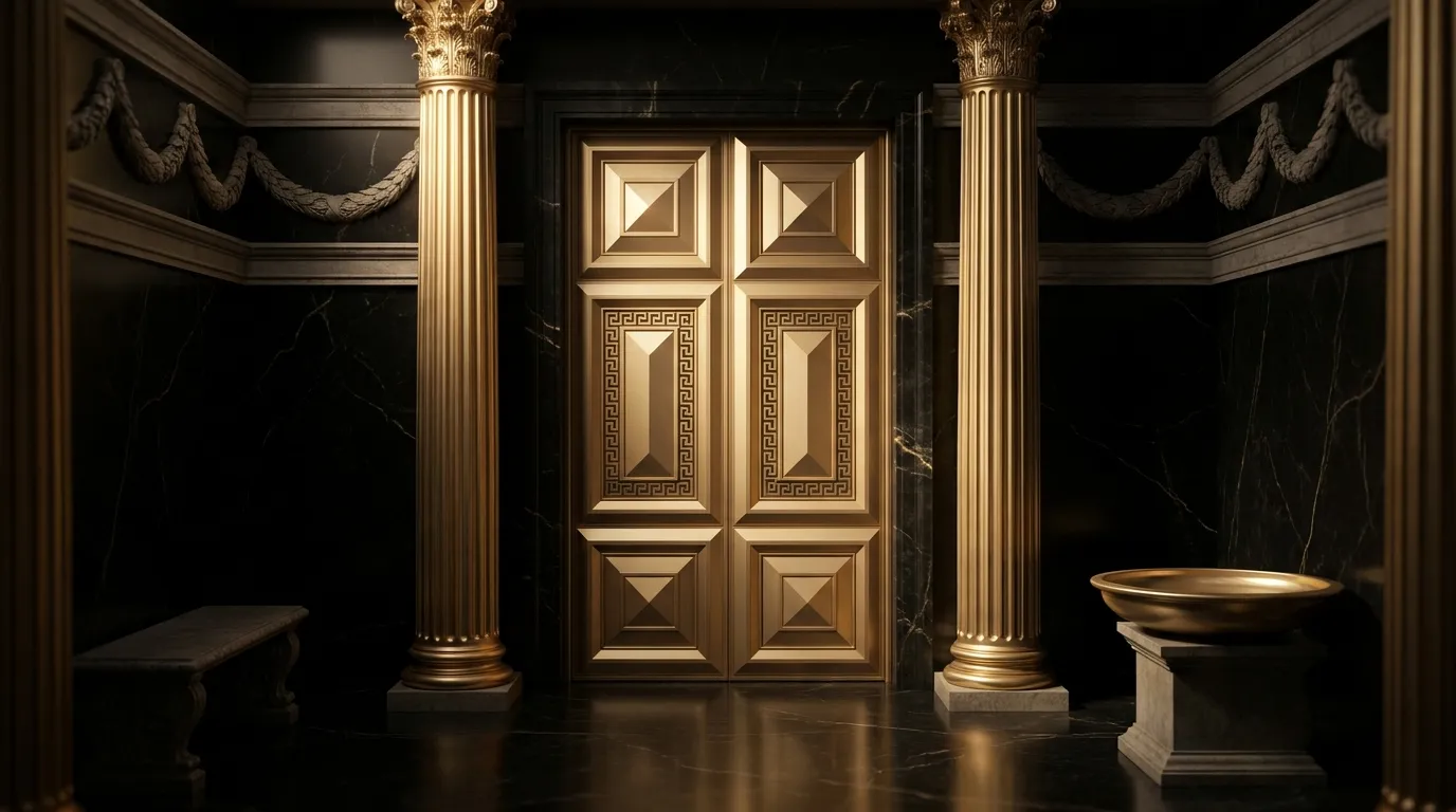A symmetrical classical marble antechamber with polished gold double doors, fluted columns, meander fretwork, and a still gol