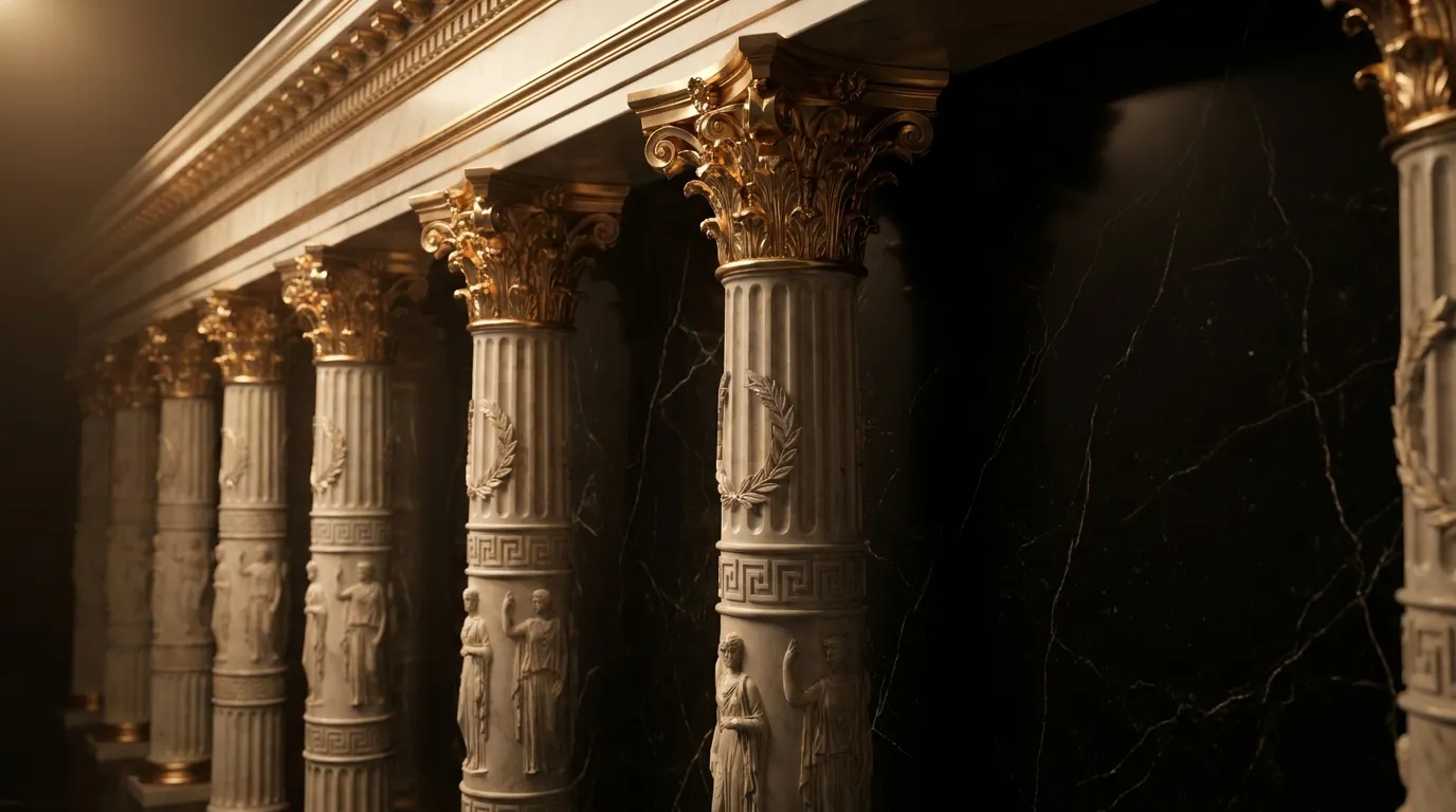 Cinematic casino hero banner with polished gold-capped marble colonnade receding into warm black marble darkness, classical a