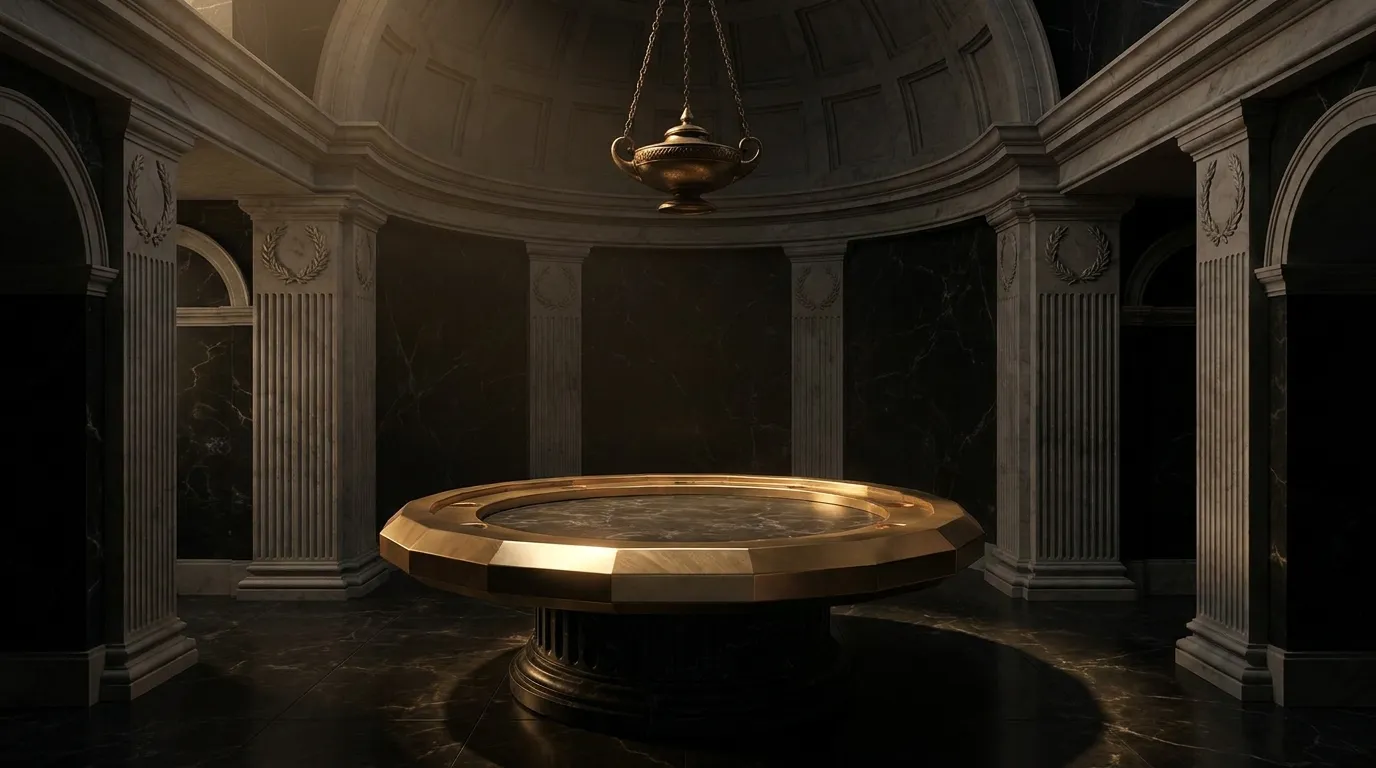 Symmetrical domed marble hall with round gold-rimmed stone gaming table, bronze oil lamp, and laurel-carved pilasters in warm