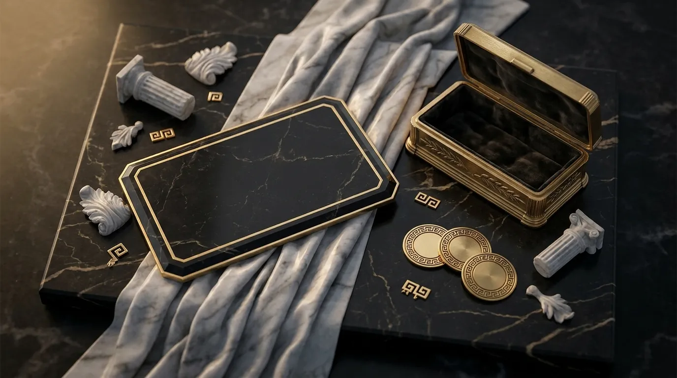 Overhead flat lay on black marble with gold-bordered marble tablet, open gold travel case, and three polished gold discs in a