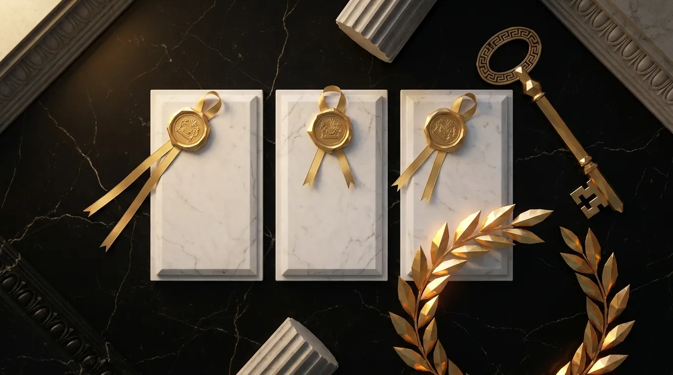 Overhead flat lay on dark veined marble: three blank stone tablets with gold wax seals and trailing ribbons, a gold key and l