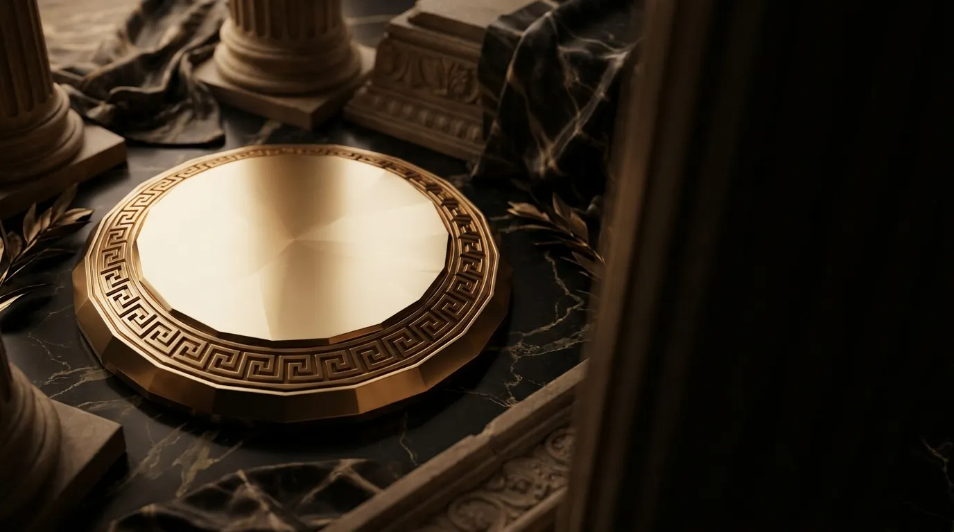 Polished faceted gold disc with carved meander border resting on dark black marble surface, warm cinematic lighting, classica