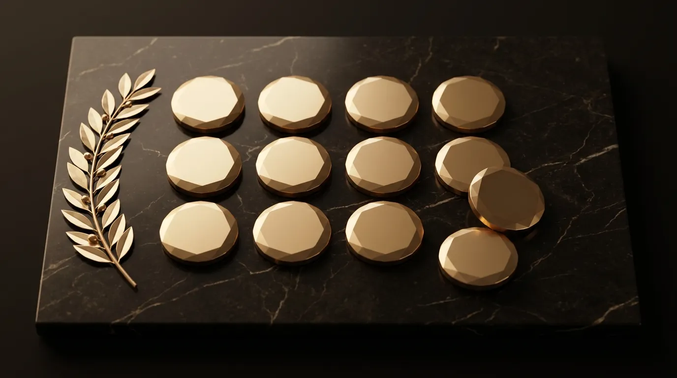 Overhead flat lay of polished faceted gold medallion tokens in ordered rows on black marble slab, a slender gold laurel sprig