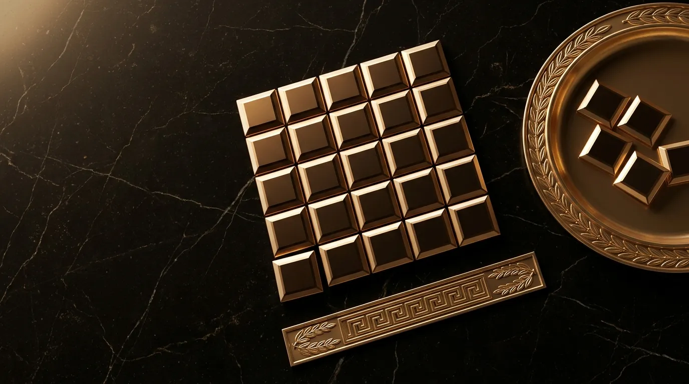 Overhead flat lay of polished faceted gold mosaic tesserae arranged in a grid on dark veined marble, with a shallow gold tray