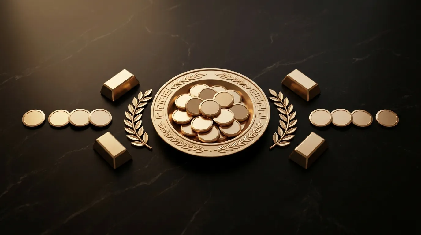 Overhead flat lay on black marble of a polished faceted gold offering dish heaped with blank coins, flanked by gold ingots an