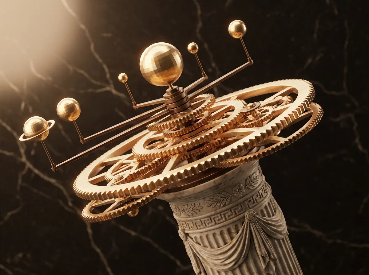 Polished faceted gold orrery mid-rotation on a fluted marble stand, bronze armatures and toothed gear train catching warm lig