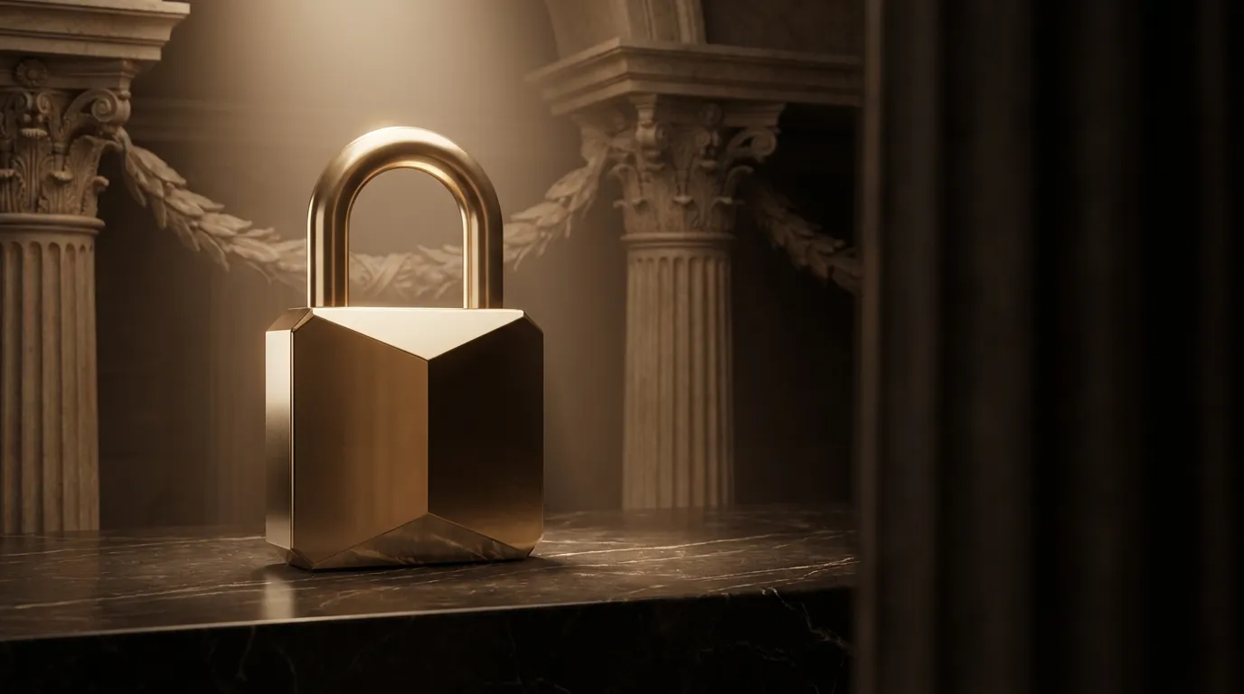 Polished faceted gold padlock resting on dark black marble with warm classical antiquity décor in cinematic hero banner