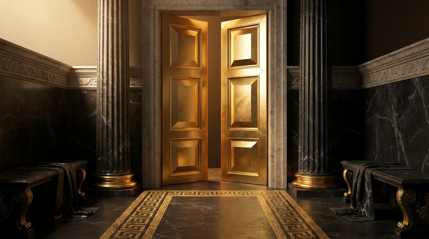 Symmetrical classical marble entrance hall with fluted columns flanking tall gold-panelled doors slightly ajar, meander fretw