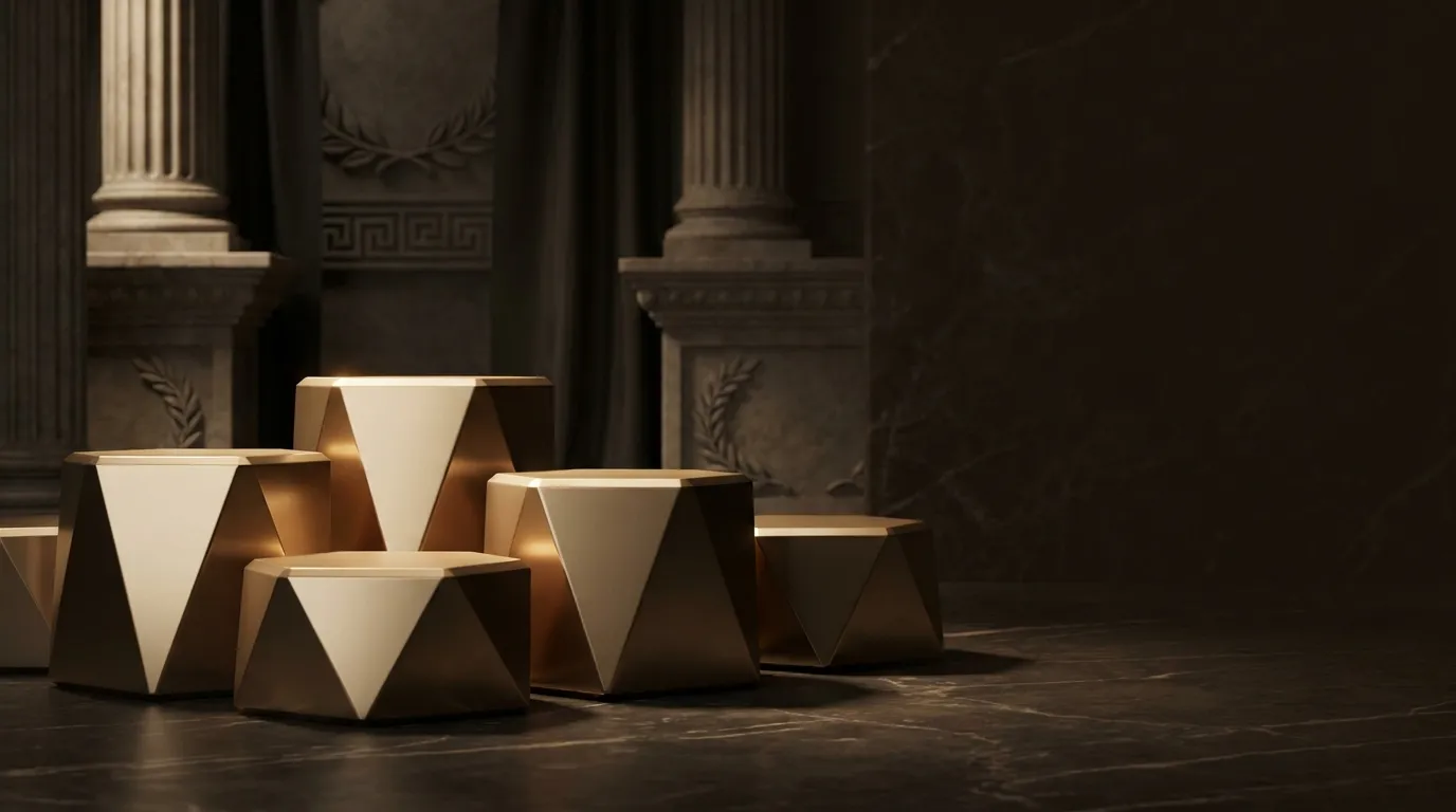 Row of polished faceted gold pedestals at varying heights on dark veined marble, classical Greek columns and laurel details, 