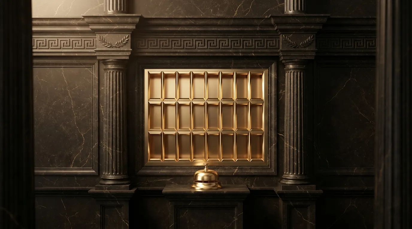 Symmetrical marble chamber with carved stone walls, bank of polished gold pigeonhole slots and gold hand bell on plinth, dark