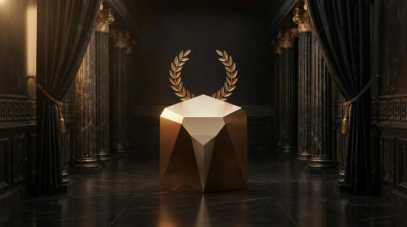 Symmetrical dark marble colonnade with empty laurel-crowned gold podium between fluted columns and draped stone curtains