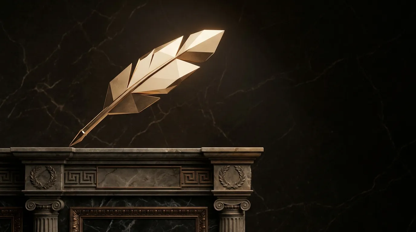 Photorealistic gold quill with chamfered faceted finish resting on blank carved stone register, dark marble background with c