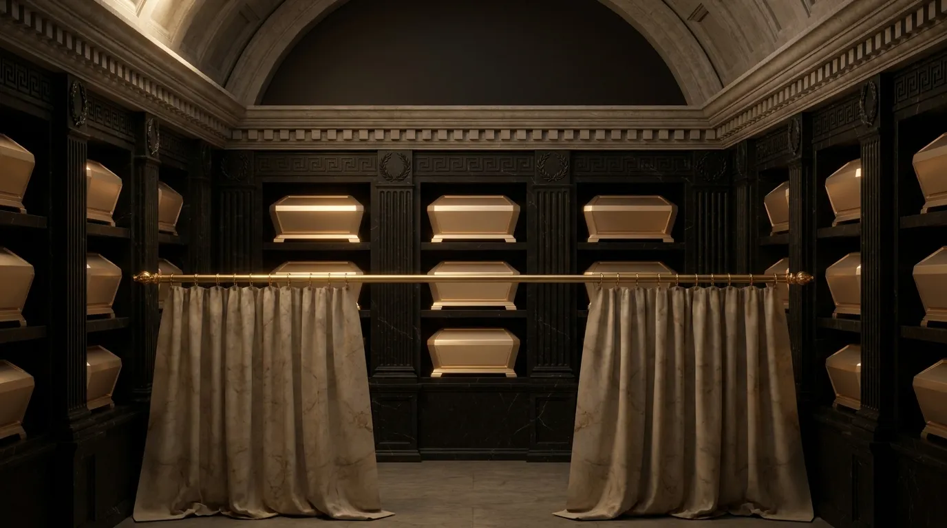 Symmetrical marble vault interior with faceted gold reliquary caskets in carved stone niches beneath a classical cornice, dar