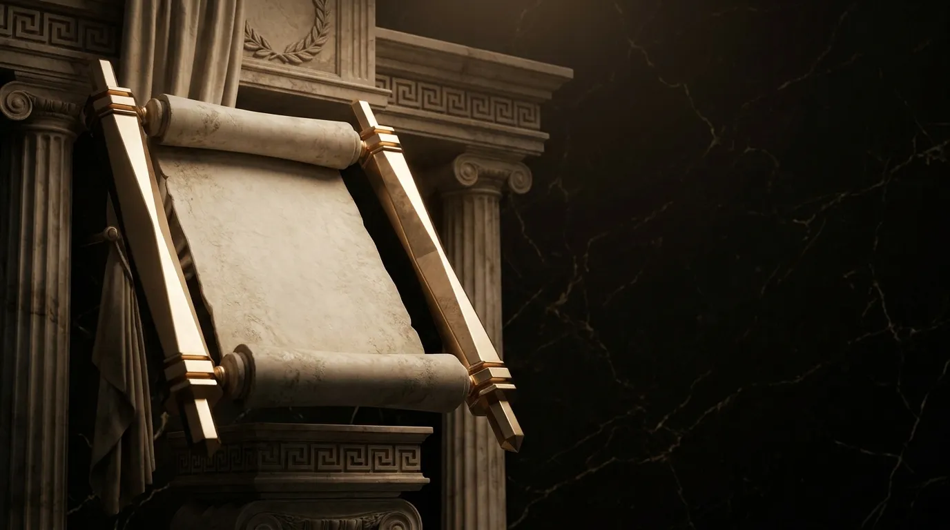 Faceted gold rods holding a blank carved stone scroll against dark black marble with classical Greek columns and laurel motif