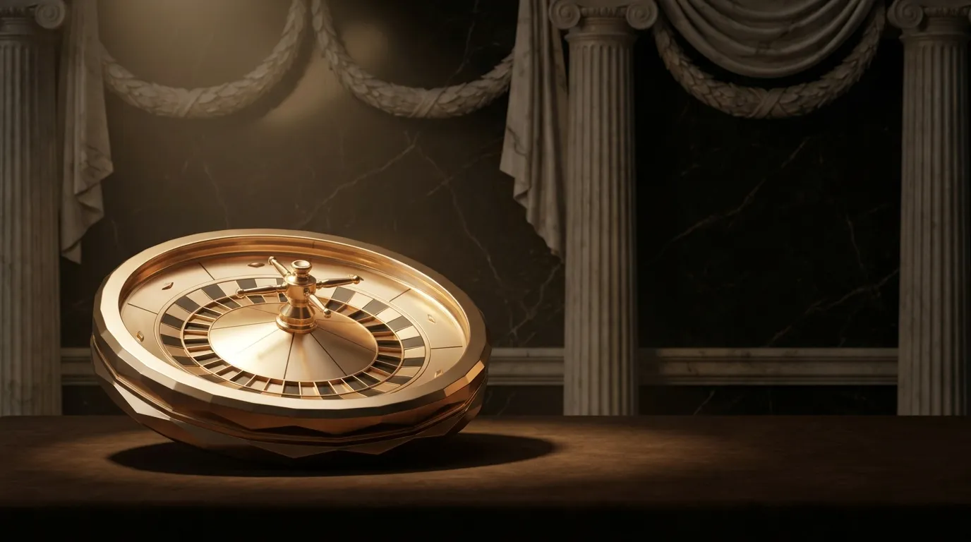 Polished faceted gold roulette wheel on dark velvet, classical Greek-Roman décor, black marble background, warm single-source