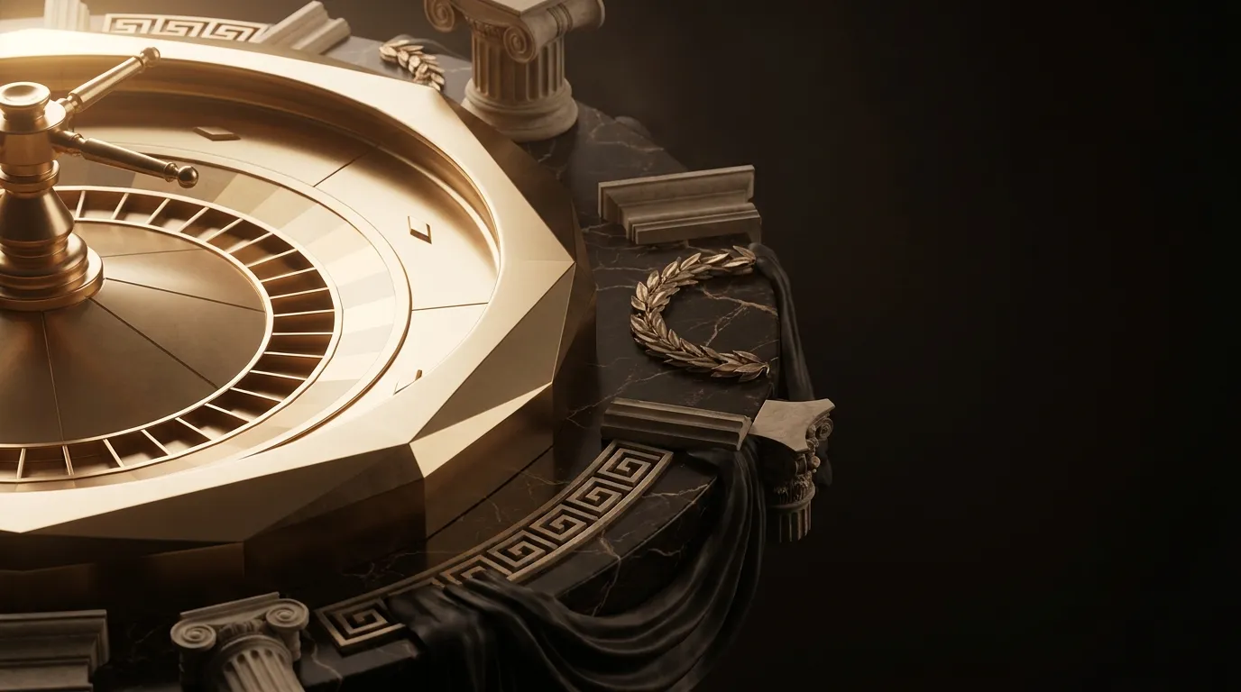 Macro cinematic hero of a faceted gold roulette wheel rim on dark black marble, warm champagne highlights, classical antiquit