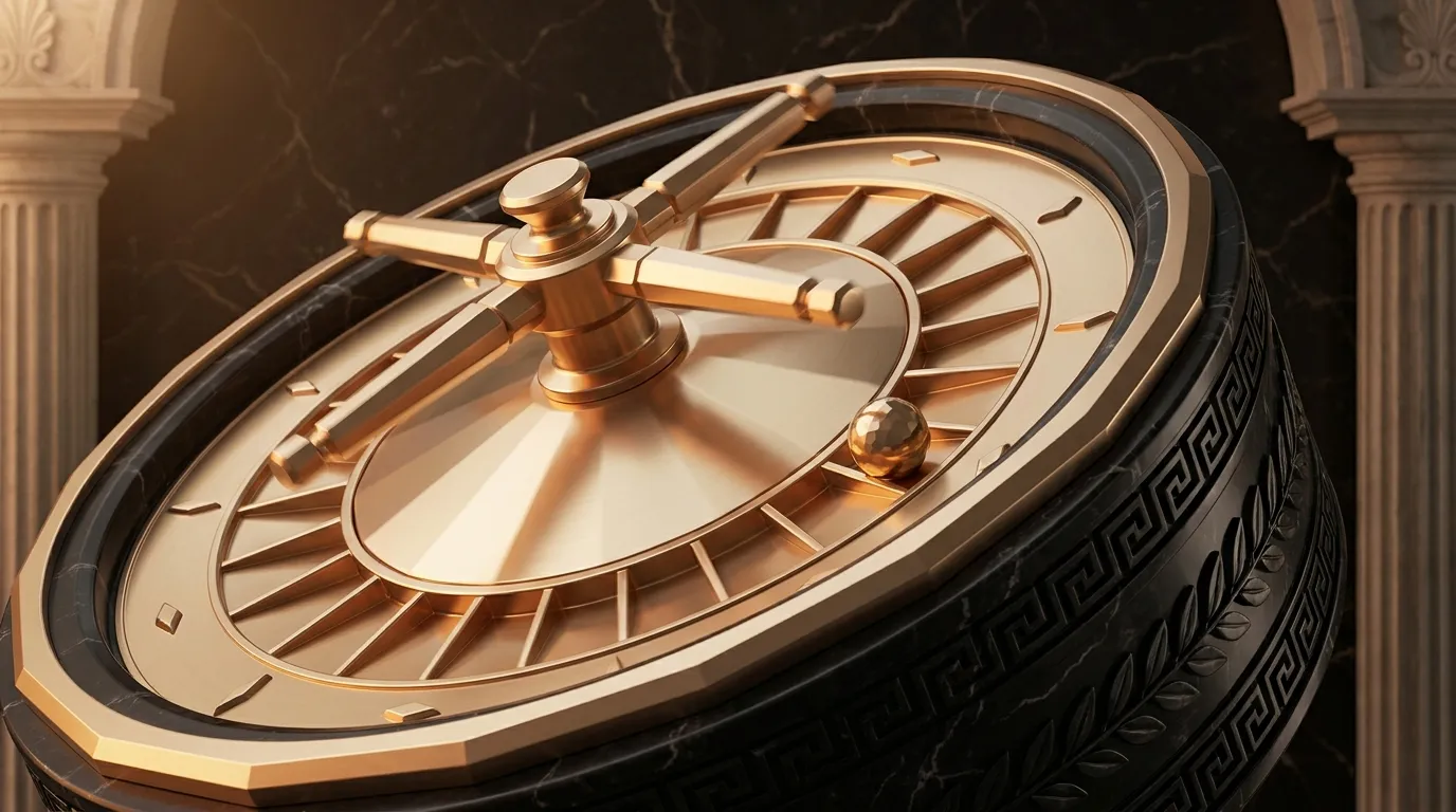 Polished faceted gold roulette wheel with carved marble drum, meander fretwork border, spinning spoked cross and single gold