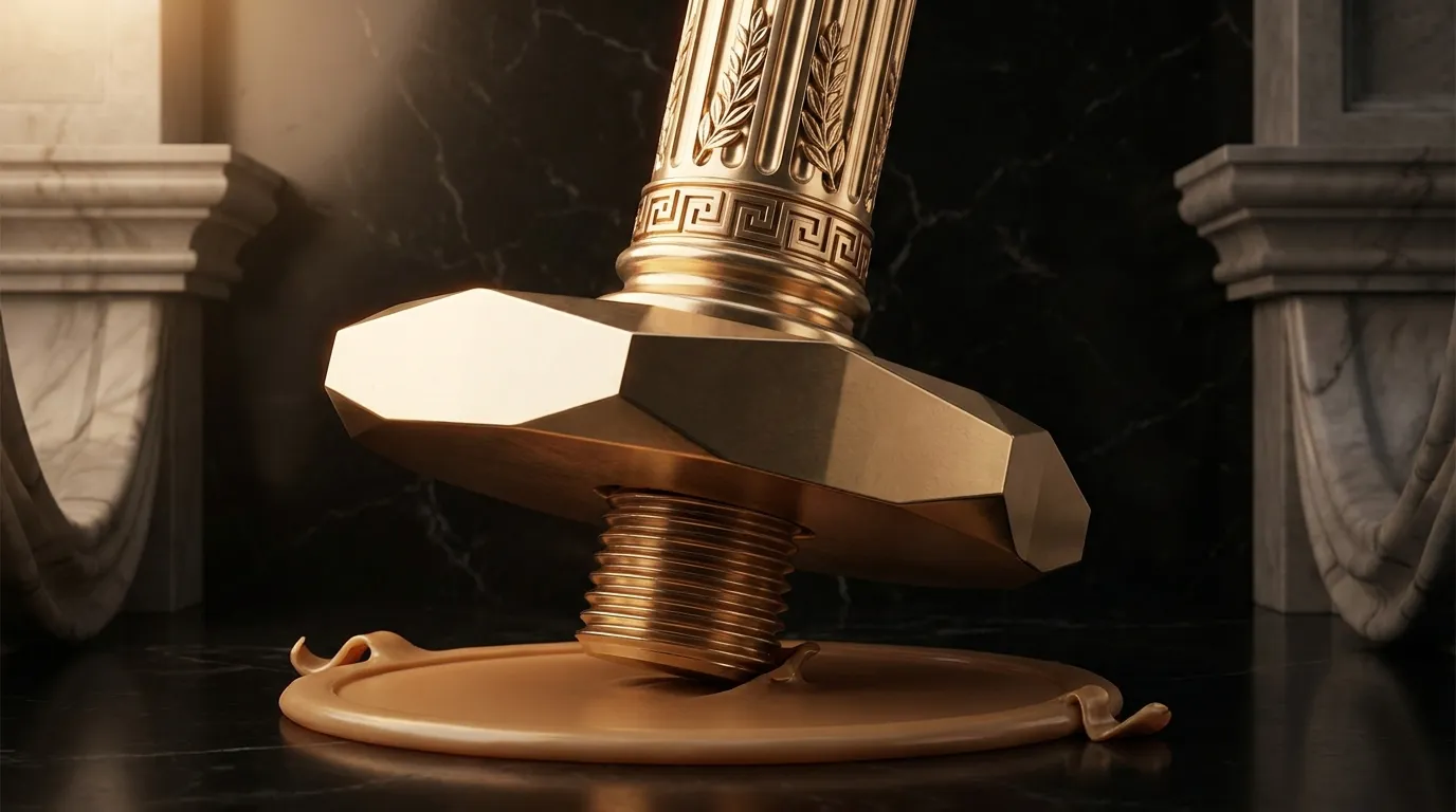 Polished faceted gold screw-press signet descending onto blank wax disc, laurel-carved handle mid-press, dark marble backgrou