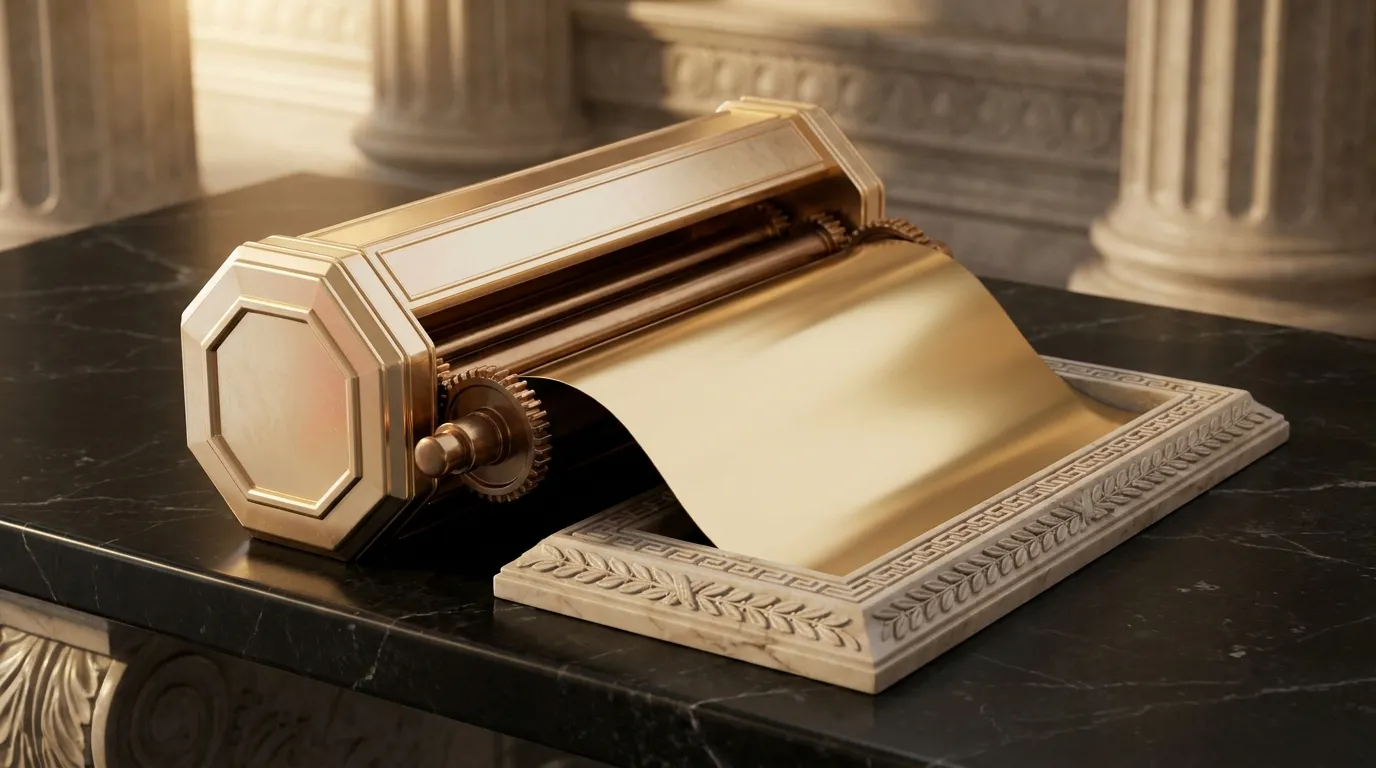 Polished faceted gold scroll case mid-unfurl on black marble bench, blank gold sheet rolling into carved stone frame with exp