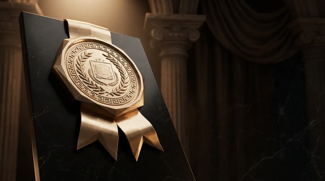 Faceted gold seal and ribbon on a black marble tablet with classical Greek columns and laurel carvings, warm cinematic key li