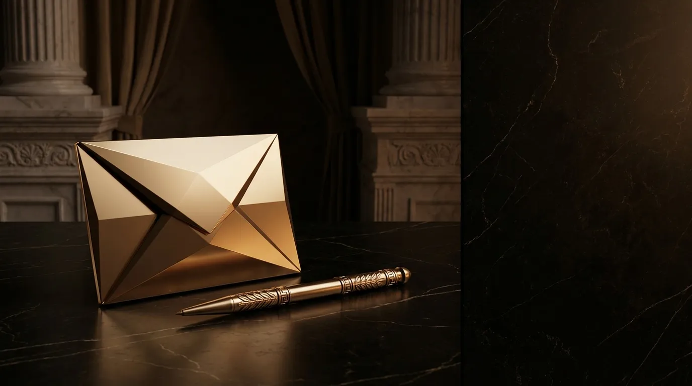 Polished faceted gold envelope seal and carved stylus resting on dark black marble desk with classical Greek column and laure