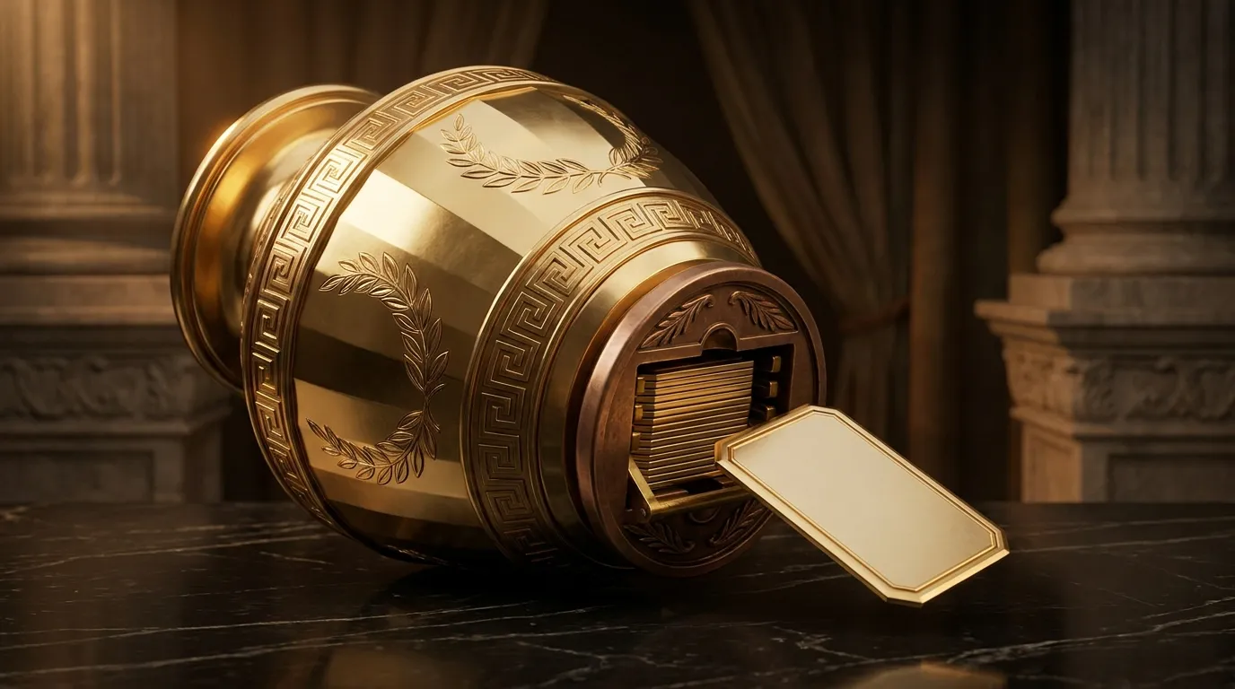 Polished faceted gold laurel-engraved urn tipped sideways, single gold-rimmed card tile sliding from bronze escapement slot,