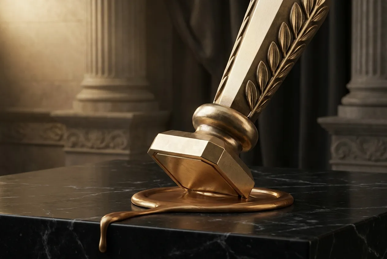 Polished faceted gold signet seal press driving engraved die into warm bronze wax on black marble slab, classical laurel deta
