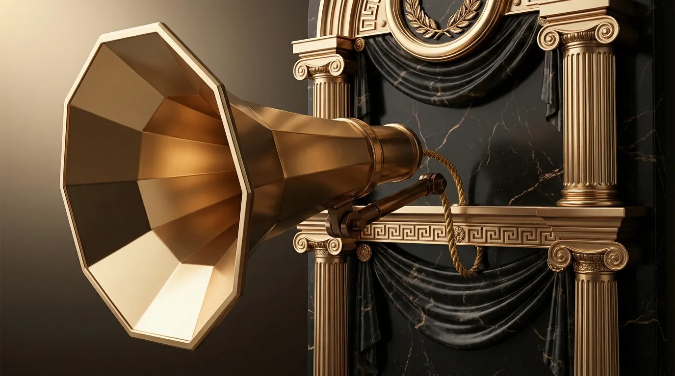 Polished faceted gold speaking tube with flared bell and articulated bronze joints mid-swivel, mounted on dark veined black m