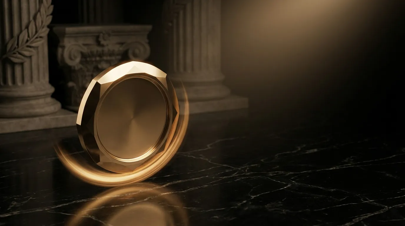 Polished faceted gold disc caught mid-rotation with warm light trail against dark black marble, classical antiquity styling, 